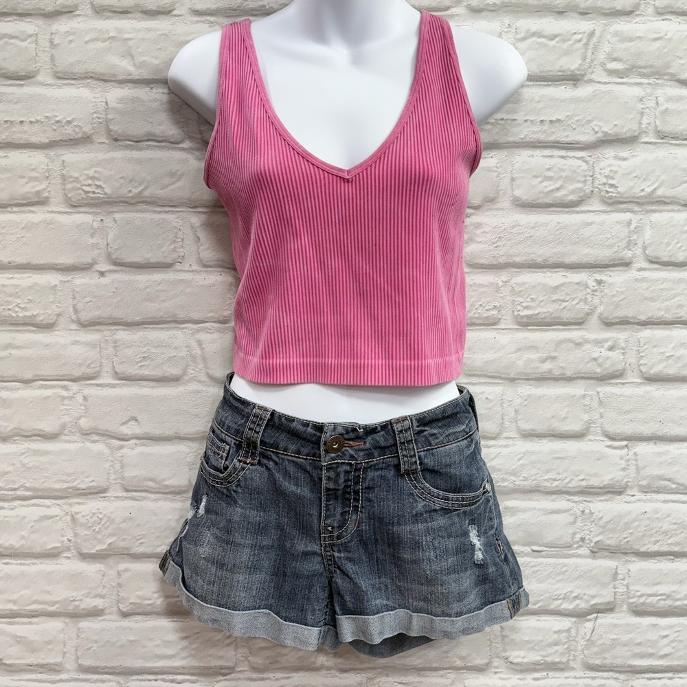 Wallflower Distressed Denim Jean Short Shorts 9 Medium Wash Blue Jean Cuffed Y2K